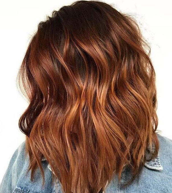 Shoulder length auburn balayage short hair