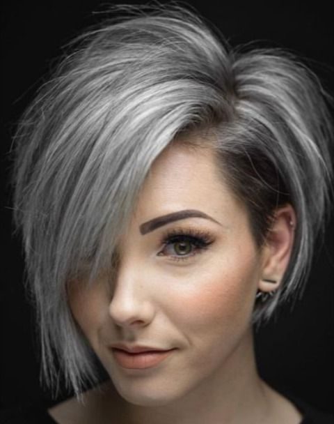 Long gray pixie cut