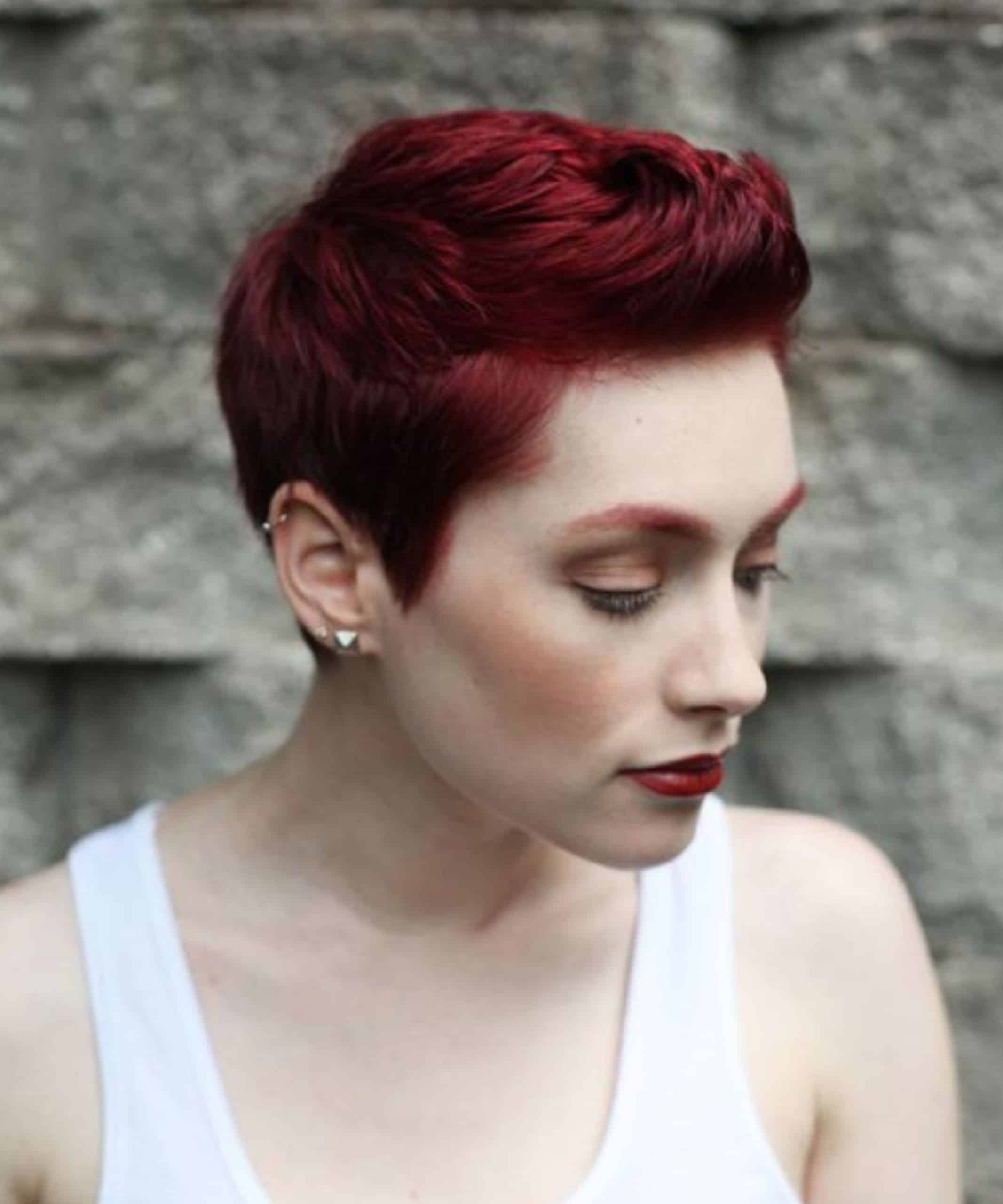 pixie cut with red highlights