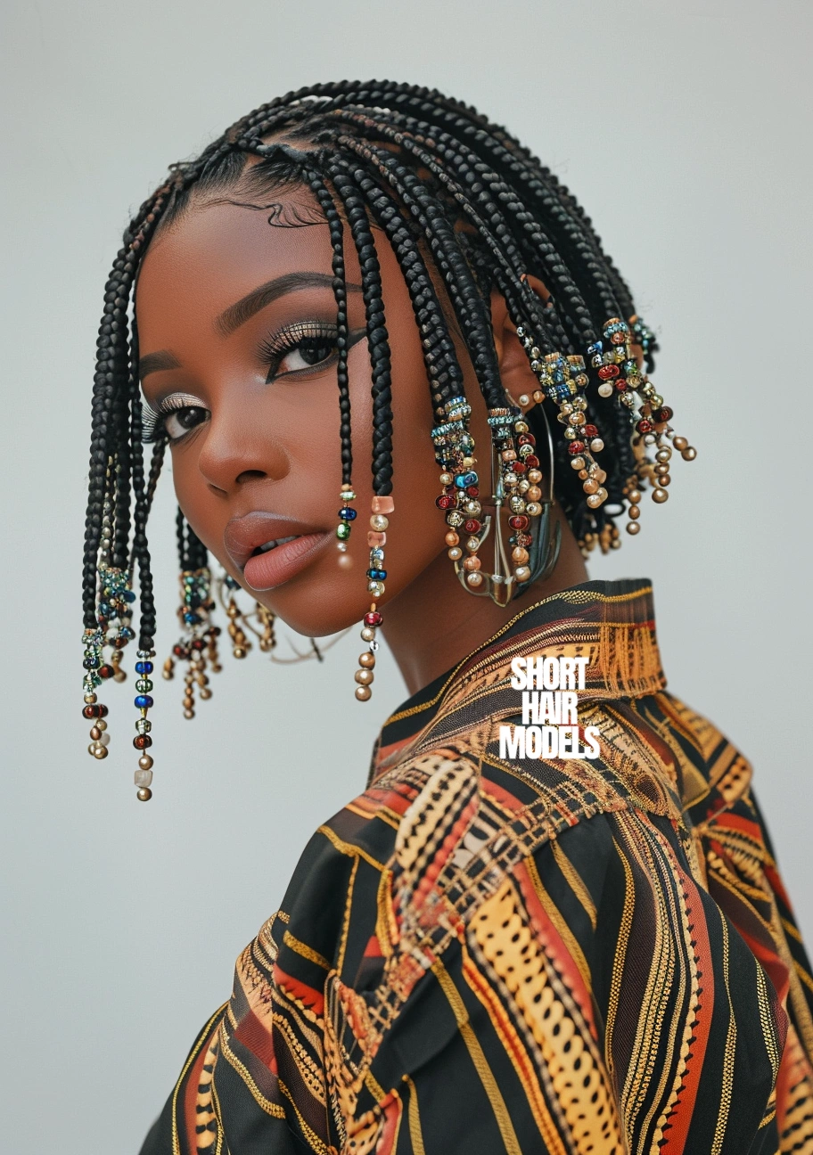 short box braids with beads at the end